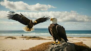 une magnifique été journée avec bleu ciel et une seul de Steller mer Aigle plus de le plage ai génératif photo