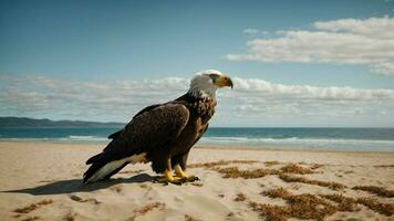 une magnifique été journée avec bleu ciel et une seul de Steller mer Aigle plus de le plage ai génératif photo