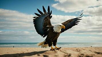 une magnifique été journée avec bleu ciel et une seul de Steller mer Aigle plus de le plage ai génératif photo