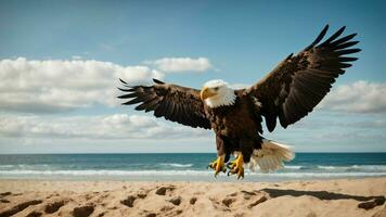 une magnifique été journée avec bleu ciel et une seul de Steller mer Aigle plus de le plage ai génératif photo