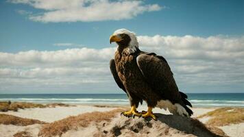 une magnifique été journée avec bleu ciel et une seul de Steller mer Aigle plus de le plage ai génératif photo