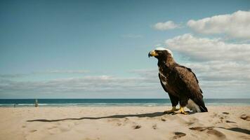 une magnifique été journée avec bleu ciel et une seul de Steller mer Aigle plus de le plage ai génératif photo