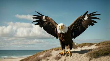 une magnifique été journée avec bleu ciel et une seul de Steller mer Aigle plus de le plage ai génératif photo