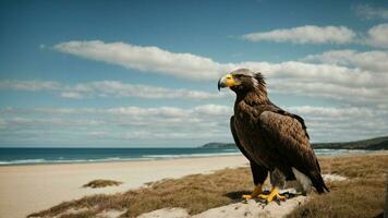 une magnifique été journée avec bleu ciel et une seul de Steller mer Aigle plus de le plage ai génératif photo