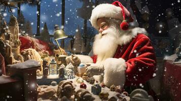 ai génératif Père Noël dans le sien atelier bâtiment, bricoler sur jouets photo