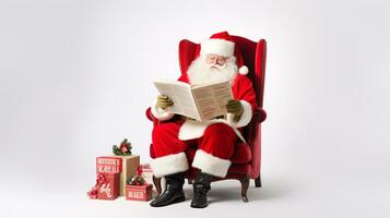 ai génératif Père Noël en train de lire des lettres dans un fauteuil photo