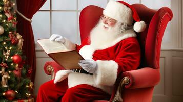 ai génératif Père Noël en train de lire des lettres dans un fauteuil photo