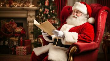 ai génératif Père Noël en train de lire des lettres dans un fauteuil photo