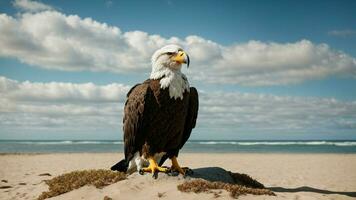 une magnifique été journée avec bleu ciel et une seul de Steller mer Aigle plus de le plage ai génératif photo