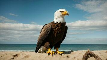 une magnifique été journée avec bleu ciel et une seul de Steller mer Aigle plus de le plage ai génératif photo