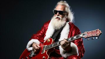 ai génératif cool branché Père Noël sur basse guitare à fête avec des lunettes de soleil photo