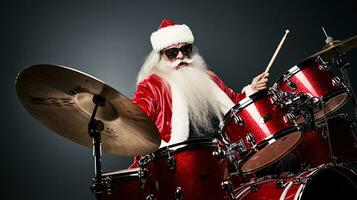 ai génératif cool Père Noël avec des lunettes de soleil en jouant le tambours, fabrication une fête photo