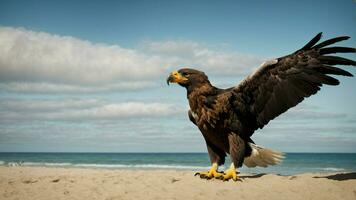 une magnifique été journée avec bleu ciel et une seul de Steller mer Aigle plus de le plage ai génératif photo