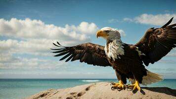 une magnifique été journée avec bleu ciel et une seul de Steller mer Aigle plus de le plage ai génératif photo