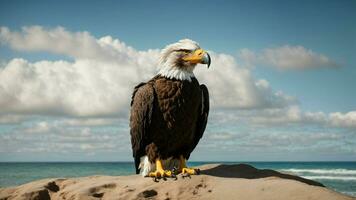 une magnifique été journée avec bleu ciel et une seul de Steller mer Aigle plus de le plage ai génératif photo