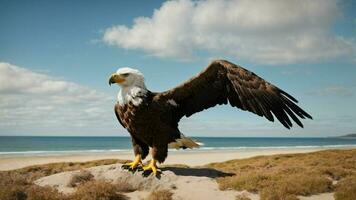 une magnifique été journée avec bleu ciel et une seul de Steller mer Aigle plus de le plage ai génératif photo