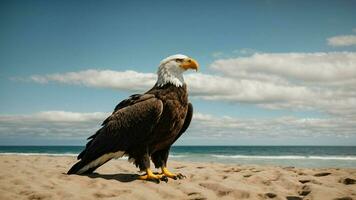 une magnifique été journée avec bleu ciel et une seul de Steller mer Aigle plus de le plage ai génératif photo