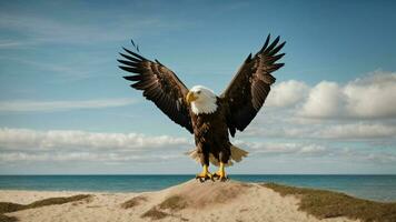 une magnifique été journée avec bleu ciel et une seul de Steller mer Aigle plus de le plage ai génératif photo