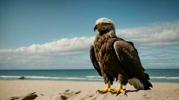 une magnifique été journée avec bleu ciel et une seul de Steller mer Aigle plus de le plage ai génératif photo