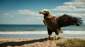 une magnifique été journée avec bleu ciel et une seul de Steller mer Aigle plus de le plage ai génératif photo