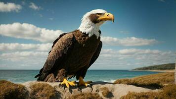 une magnifique été journée avec bleu ciel et une seul de Steller mer Aigle plus de le plage ai génératif photo