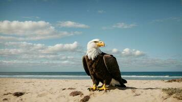 une magnifique été journée avec bleu ciel et une seul de Steller mer Aigle plus de le plage ai génératif photo