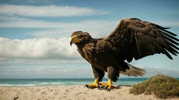 une magnifique été journée avec bleu ciel et une seul de Steller mer Aigle plus de le plage ai génératif photo