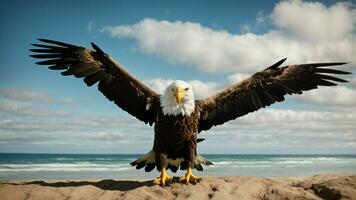 une magnifique été journée avec bleu ciel et une seul de Steller mer Aigle plus de le plage ai génératif photo