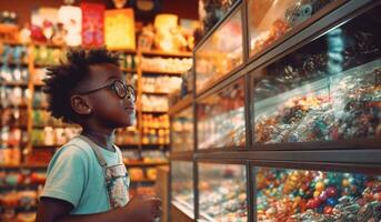 mignonne africain américain garçon dans bonbons magasin. enfant choisit bonbons, variété et abondance. ai génératif photo