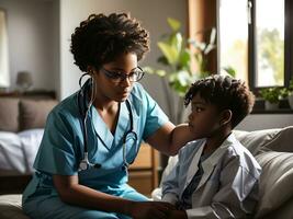 noir femelle médecin examiner petit garçon avec une stéthoscope pendant Accueil visite dû à covid-19 pandémie. ai génératif photo