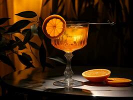 cocktail avec Frais Orange sur lumière et ombre dans nuit bar, ai généré photo