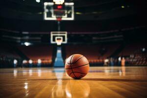 basketball Balle sur tribunal avec stade Contexte. génératif ai photo