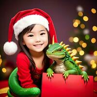 génératif ai fantasmes sur le thème de le chinois calendrier. dragon symbole de 2024 et une fille dans une Père Noël claus chapeau. photo