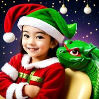 génératif ai fantasmes sur le thème de le chinois calendrier. dragon symbole de 2024 et une fille dans une Père Noël claus chapeau. photo