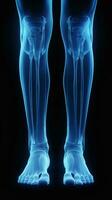 radiographie de jambes de une Masculin humain, bleu Ton radiographie sur une noir arrière-plan, ai génératif photo