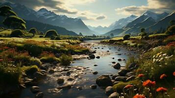 d'or heure briller, paisible paysages avec une fleur champ, peu Maisons, une majestueux montagne, et une serein lac, parfait pour une rustique fin de semaine casser, la nature arrière-plan, ai génératif photo