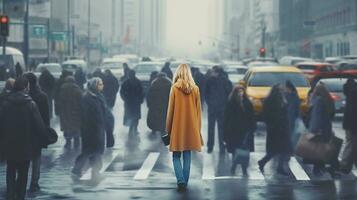 stress et anxiété dans Urbain vie, Jeune femme dans une Etat de panique sur une occupé ville rue - mise en évidence le importance de mental santé conscience, ai génératif photo