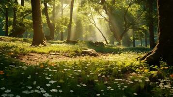 une herbeux zone avec des arbres et fleurs ai généré photo