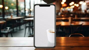une blanc téléphone portable avec une tasse de café sur une table ai généré photo