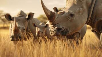 une groupe de rhinocéros dans une champ ai généré photo