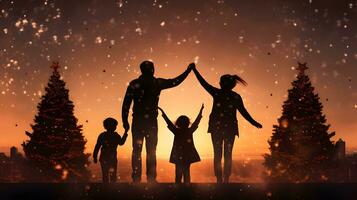 une famille en portant mains dans une neigeux le coucher du soleil avec Noël des arbres photo