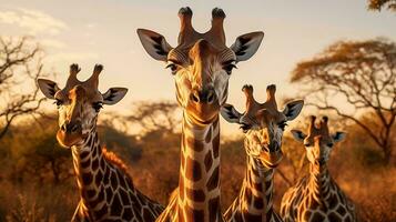 une groupe de girafes supporter dans une champ ai généré photo