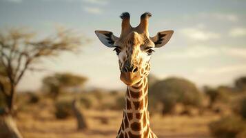 une girafe avec une longue cou ai généré photo