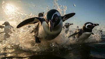 une groupe de pingouins nager dans l'eau ai généré photo