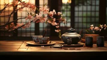 une thé ensemble et théière sur une table ai généré photo