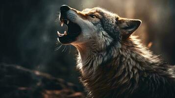 une Loup avec ses bouche ouvert ai généré photo
