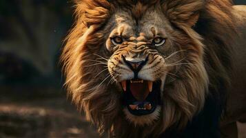 une Lion avec ses bouche ouvert ai généré photo