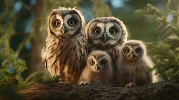 une groupe de chouettes sur une branche ai généré photo