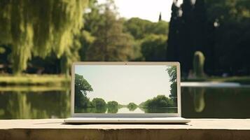 une ordinateur moniteur sur une table ai généré photo