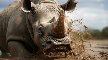 une rhinocéros avec ses bouche ouvert ai généré photo